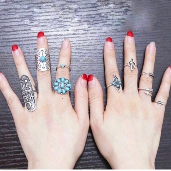 9pc BOHO RING SET Turquoise SILVER arrow southwest - Picture 2 of 7